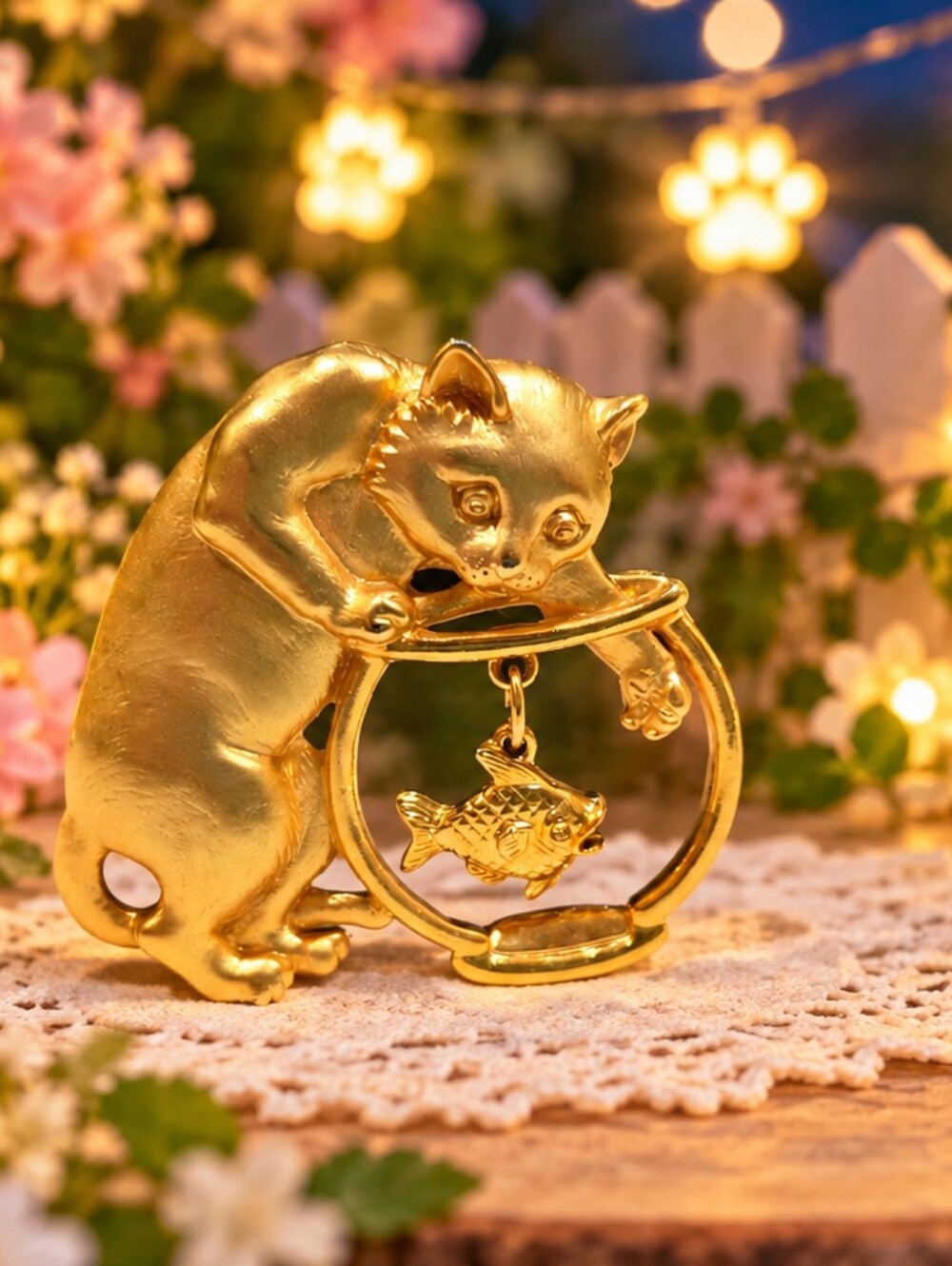 Vintage JJ Jonette Jewelry Gold Tone Cat & Fishbowl Brooch with Dangling Fish